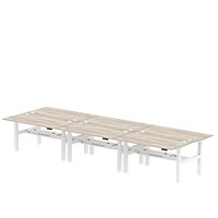 Air 6 Person Sit-Standing Bench Desk, Back to Back, 6 x 1600mm (800mm Deep), White Frame, Grey Oak