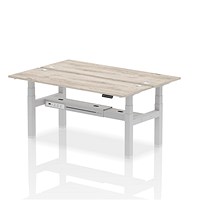 Air 2 Person Sit-Standing Bench Desk, Back to Back, 2 x 1800mm (600mm Deep), Silver Frame, Grey Oak