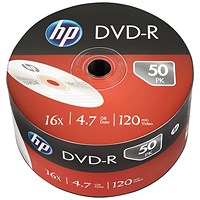 HP DVD-R Writable Blank DVDs, Wrap, 4.7gb/120min Capacity, Pack of 50