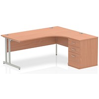 Impulse 1800mm Corner Desk with 600mm Desk High Pedestal, Right Hand, Silver Cantilever Leg, Beech