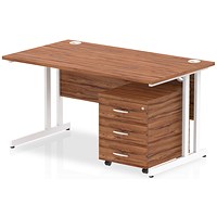 Impulse 1400 Rectangular Desk with 3 Drawer Mobile Pedestal, White Cantilever Legs, Walnut