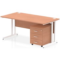 Impulse 1600 Rectangular Desk with 3 Drawer Mobile Pedestal, White Cantilever Legs, Beech
