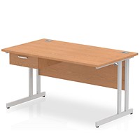 Impulse 1400mm Rectangular Desk with attached Pedestal, Silver Cantilever Leg, Oak
