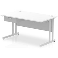 Impulse 1400mm Rectangular Desk with attached Pedestal, Silver Cantilever Leg, White