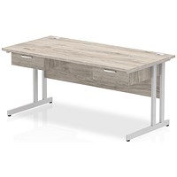 Impulse 1600mm Rectangular Desk with 2 attached Pedestals, Silver Cantilever Leg, Grey Oak