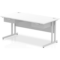 Impulse 1600mm Rectangular Desk with 2 attached Pedestals, Silver Cantilever Leg, White