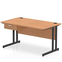 Impulse 1400mm Rectangular Desk with attached Pedestal, Black Cantilever Leg, Oak