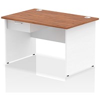 Impulse 1200mm Two-Tone Rectangular Desk with attached Pedestal, White Panel End Legs, Walnut