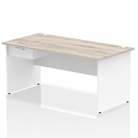 Impulse 1600mm Two-Tone Rectangular Desk with attached Pedestal, White Panel End Leg, Grey Oak
