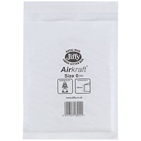 Jiffy Airkraft No.0 Bubble Lined Postal Bags, 140x195mm, Peel & Seal, White, Pack of 100