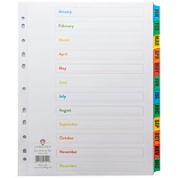 Concord Reinforced Board Index Dividers, Extra Wide, Jan-Dec, Multicolour Tabs, A4, White