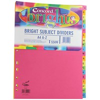 Concord Bright Index Dividers, A-Z, Multicolour Tabs, A4, Multicolour, Pack of 10