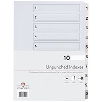 Concord Reinforced Board Unpunched Index Dividers, 1-10, Clear Tabs, A4, White, Pack of 10