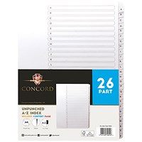 Concord Reinforced Board Unpunched Index Dividers, A-Z, Clear Tabs, A4, White, Pack of 5