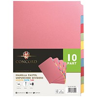 Concord Unpunched Subject Dividers, 10-Part, Blank Multicolour Tabs, A4, Multicolour, Pack of 10