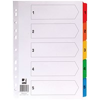 Q-Connect Reinforced Board Index Dividers, 1-5, Multicolour Tabs, A4, White