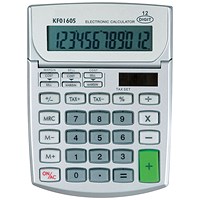 Q-Connect Semi-Desktop Calculator, 12 Digit, Solar and Battery Power, Grey