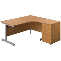 First 1600mm Corner Desk, Right Hand, Silver Cantilever Legs, Oak, With 3 Drawer Desk High Pedestal