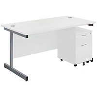 First 1600mm Rectangular Desk, Silver Cantilever Legs, White, With 2 Drawer Mobile Pedestal