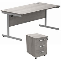 Astin 1600mm Rectangular Desk with 3 Drawer Mobile Pedestal, Silver Cantilever Legs, Grey Oak