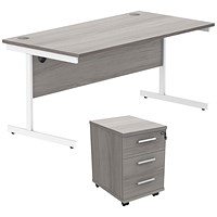 Astin 1600mm Rectangular Desk with 3 Drawer Mobile Pedestal, White Cantilever Legs, Grey Oak