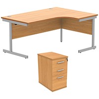 Astin 1600mm Corner Desk with 3 Drawer Desk High Pedestal, Right Hand, Silver Cantilever Leg, Beech