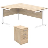 Astin 1600mm Corner Desk with 3 Drawer Desk High Pedestal, Left Hand, White Cantilever Leg, Oak