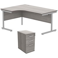 Astin 1600mm Corner Desk with 3 Drawer Desk High Pedestal, Left Hand, Silver Cantilever Leg, Grey Oak