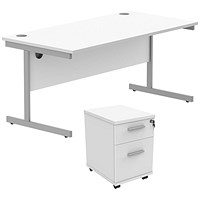 Astin 1600mm Rectangular Desk with 2 Drawer Mobile Pedestal, Silver Cantilever Legs, White