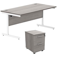 Astin 1600mm Rectangular Desk with 2 Drawer Mobile Pedestal, White Cantilever Legs, Grey Oak