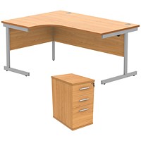 Astin 1600mm Corner Desk with 3 Drawer Desk High Pedestal, Left Hand, Silver Cantilever Leg, Beech