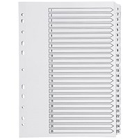 Q-Connect Reinforced Board Index Dividers, 1-25, Clear Tabs, A4, White