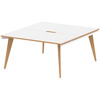 Oslo 2 Person Bench Desk, Back to Back, 2 x 1400mm (800mm Deep), White Frame with Wooden Leg and Edge