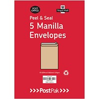 Postpak C4 Envelopes, Peel and Seal, 115gsm, Manilla, 40 Packs of 5