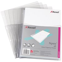 Rexel A4 Nyrex Extra Capacity Punched Pockets, 170 Micron, Top Opening, Pack of 5