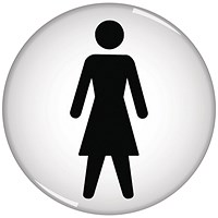 Domed Sign Women Symbol 60mm (Self-Adhesive Backing, Black Figure on White Background)