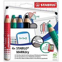 Stabilo Markdry Whiteboard Pencil with Sharpener and Cloth, Assorted, Pack of 4