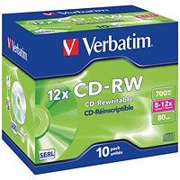 Verbatim CD-RW SERL Rewritable Blank CDs, Cased, 700mb/80min Capacity, Pack of 10