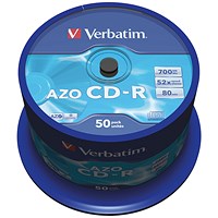 Verbatim CD-R AZO Crystal Writable Blank CDs, Spindle, 700mb/80min Capacity, Pack of 50