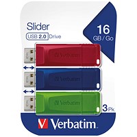 Verbatim Slider USB 2.0 Flash Drive, 16GB, Pack of 3