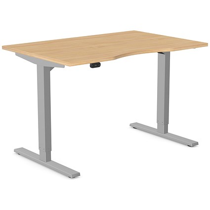 Zoom Sit-Stand Desk with Double Purpose Scallop, Silver Leg, 1200mm, Beech Top