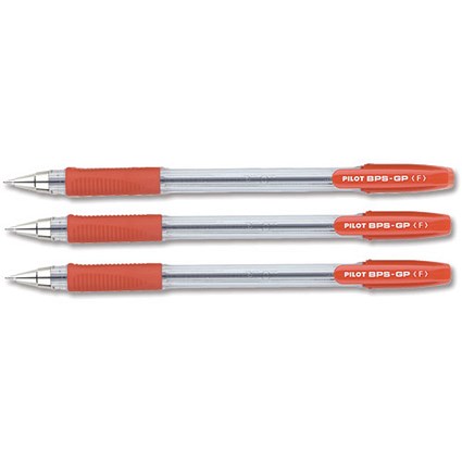Pilot BPS GP Ball Pen / Rubberised Grip / Fine / Red / Pack of 12