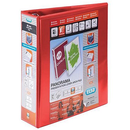 Elba Panorama Leverless Arch Binder, A4, 2 D-Ring, 40mm Capacity, Red, Pack of 5
