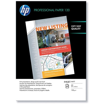 HP A3 Professional Matt Inkjet Paper, 120gsm, 100 Sheets