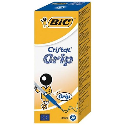 Bic Cristal Grip Ball Pen, Clear Barrel, Blue, Bulk Pack, Pack of 20 x 5