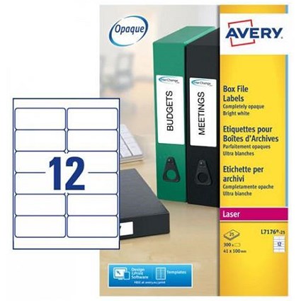 Avery Laser and Inkjet Filing Labels for 60mm Box Files / 12 per Sheet / 41x100mm / L7176-25 / 300 Labels