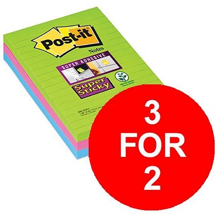 Post-it Super Sticky Removable Notes / 102x152mm / Ultra Assorted / Pack of 3 x 90 Notes / 3 Packs for the Price of 2