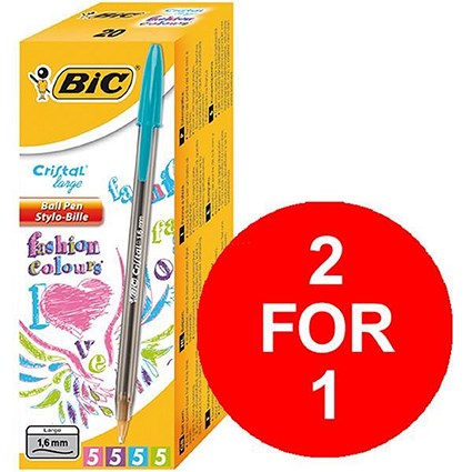 Bic Cristal Large Fashion Ball Pen 0.6mm Line Assorted - Pack of 20 - Buy One Get One Free