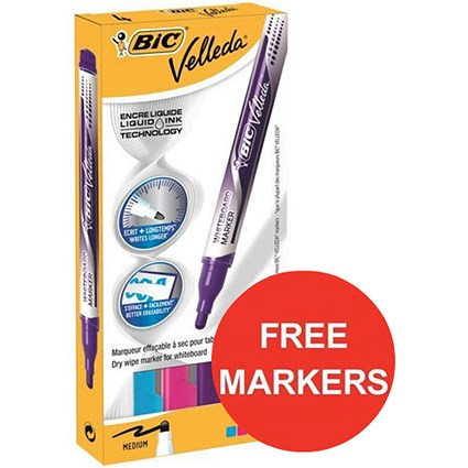 Bic Velleda Drywipe Markers Blue/Pink/Purple/Sky Blue Wallet of 4 Offer Includes FREE Markers