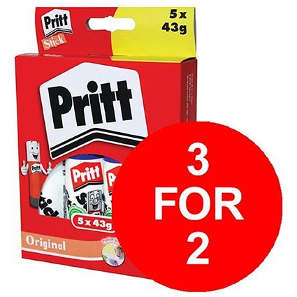 Pritt Stick Glue Solid Washable Non-toxic Large 43g / Pack of 5 / 3 Packs for the Price of 2